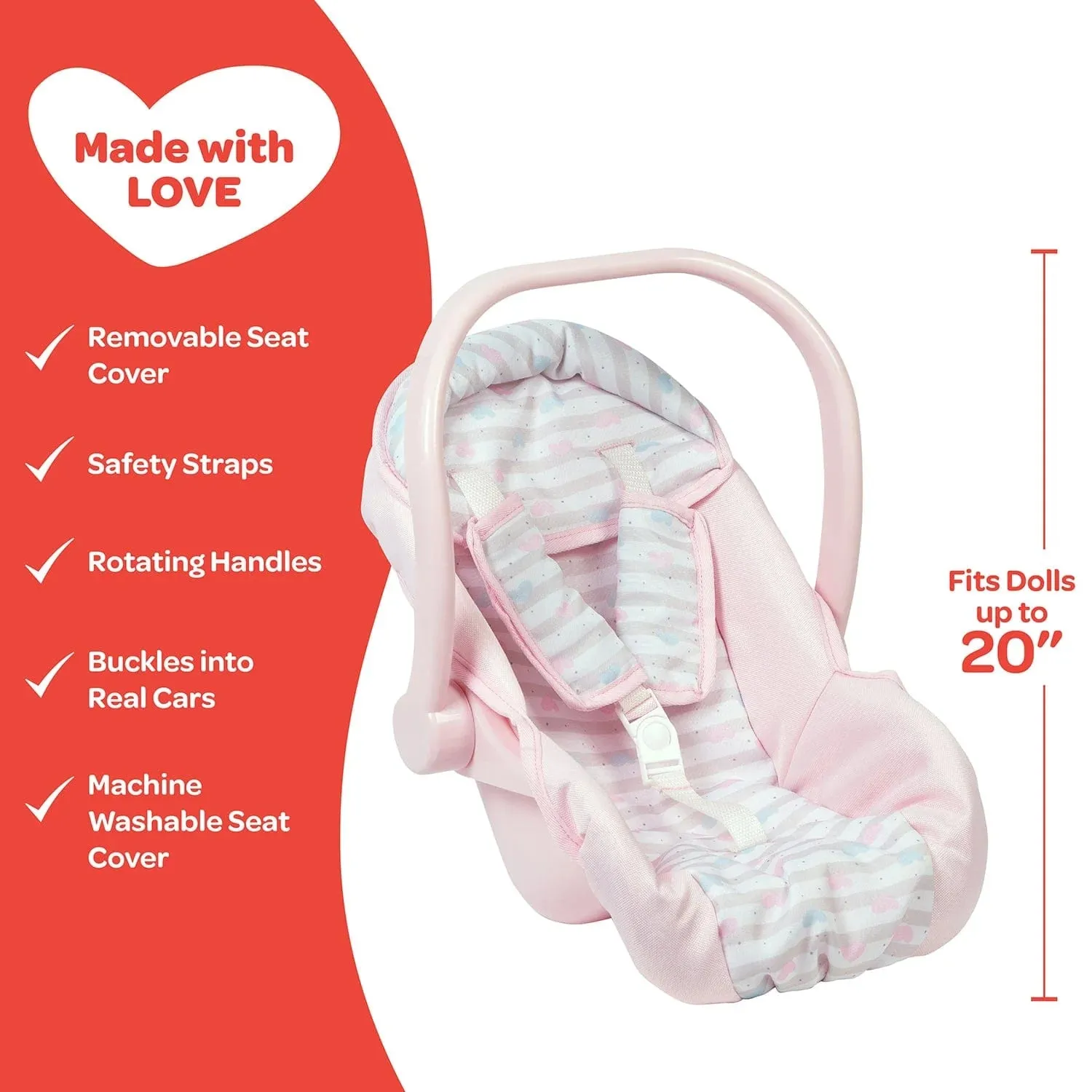 Baby Doll Car Seat Carrier - Pastel Pink Hearts