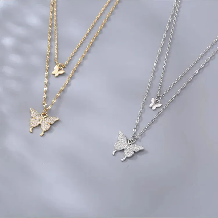 Butterfly Pendant Two Layer Chain Necklace, Gold