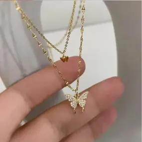 Butterfly Pendant Two Layer Chain Necklace, Gold