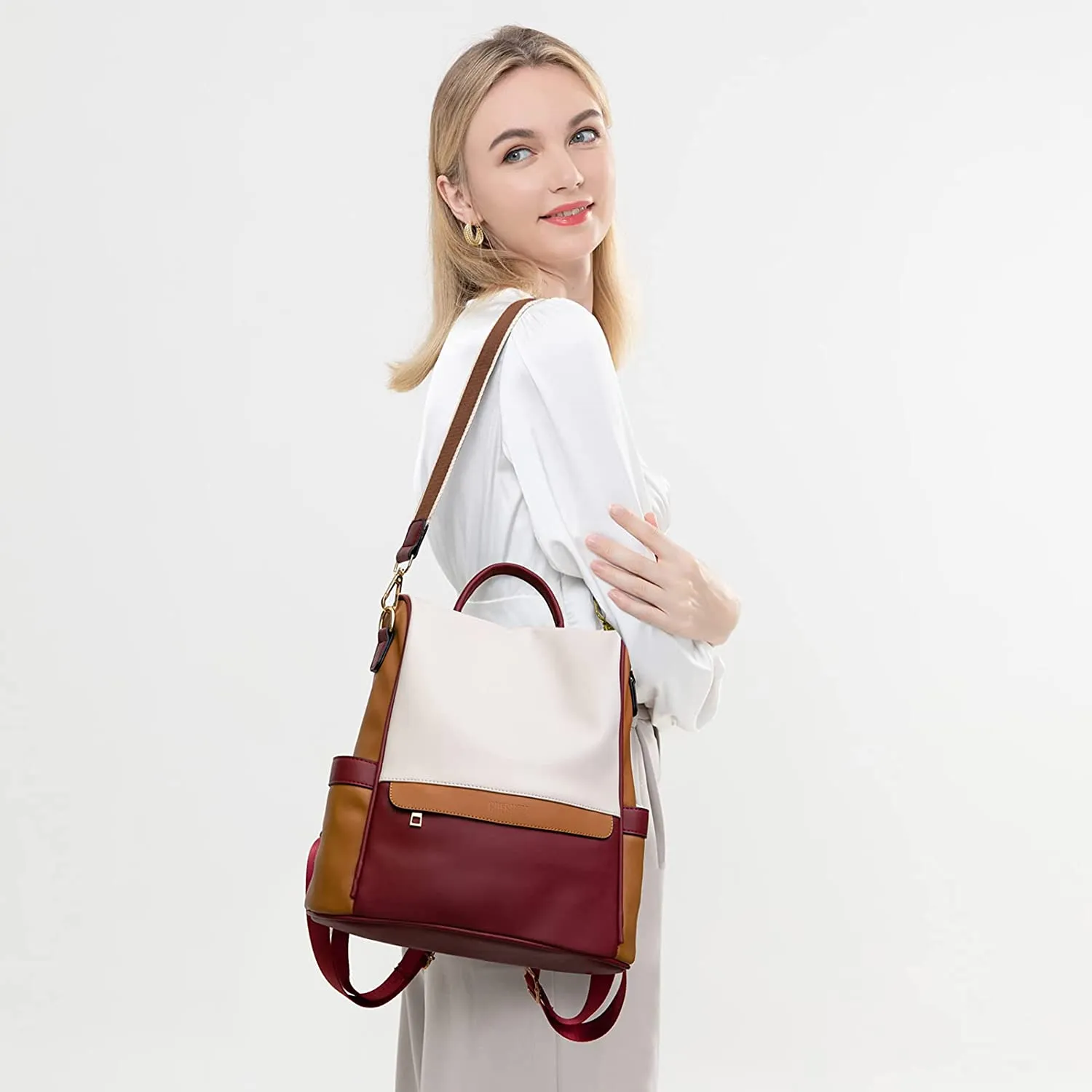Cream & Brown Faux Leather Convertible Backpack