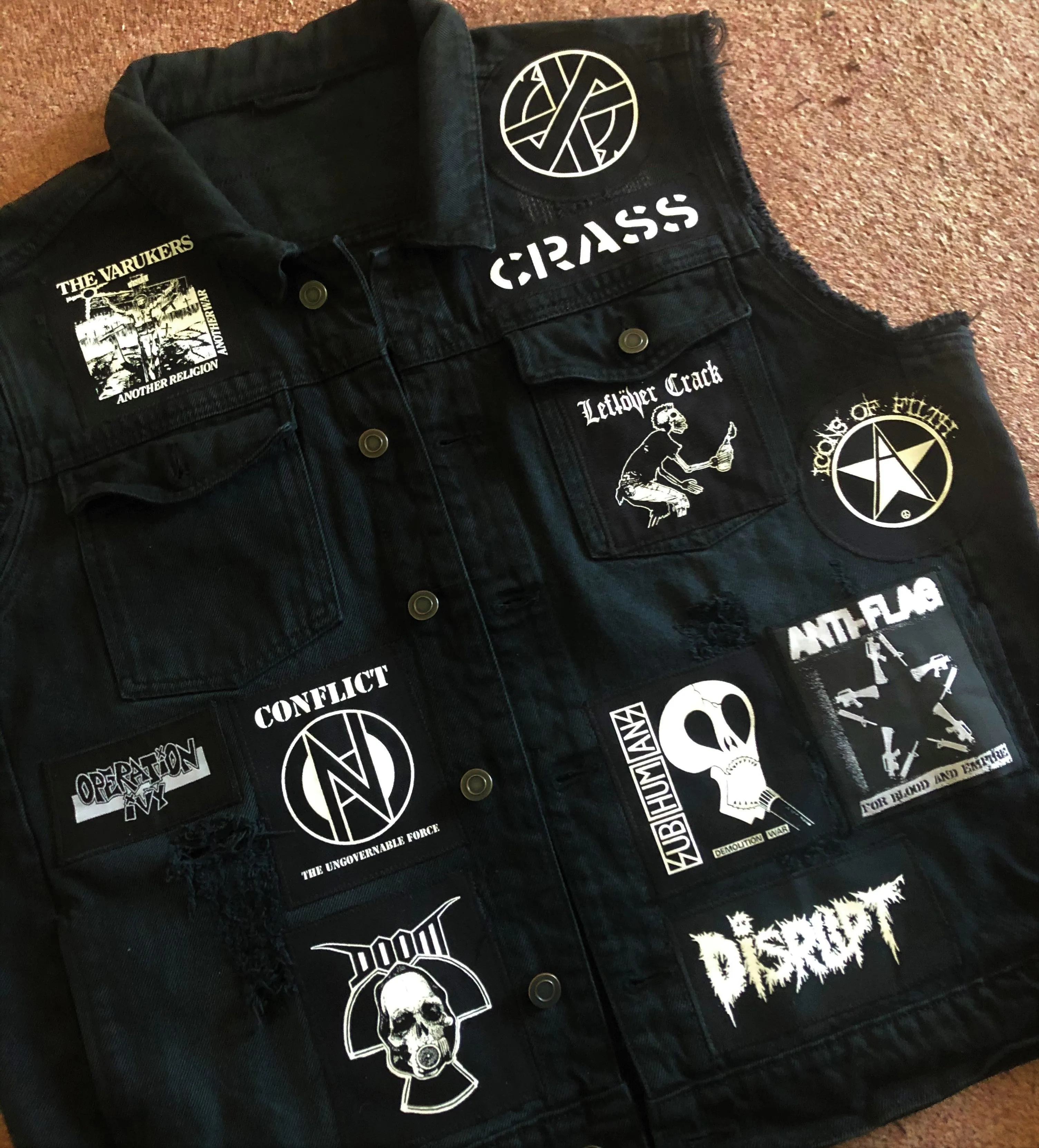 Crust Punk Anarchopunk Battle Jacket Cut-Off Denim Vest Crass Doom Discharge Amebix