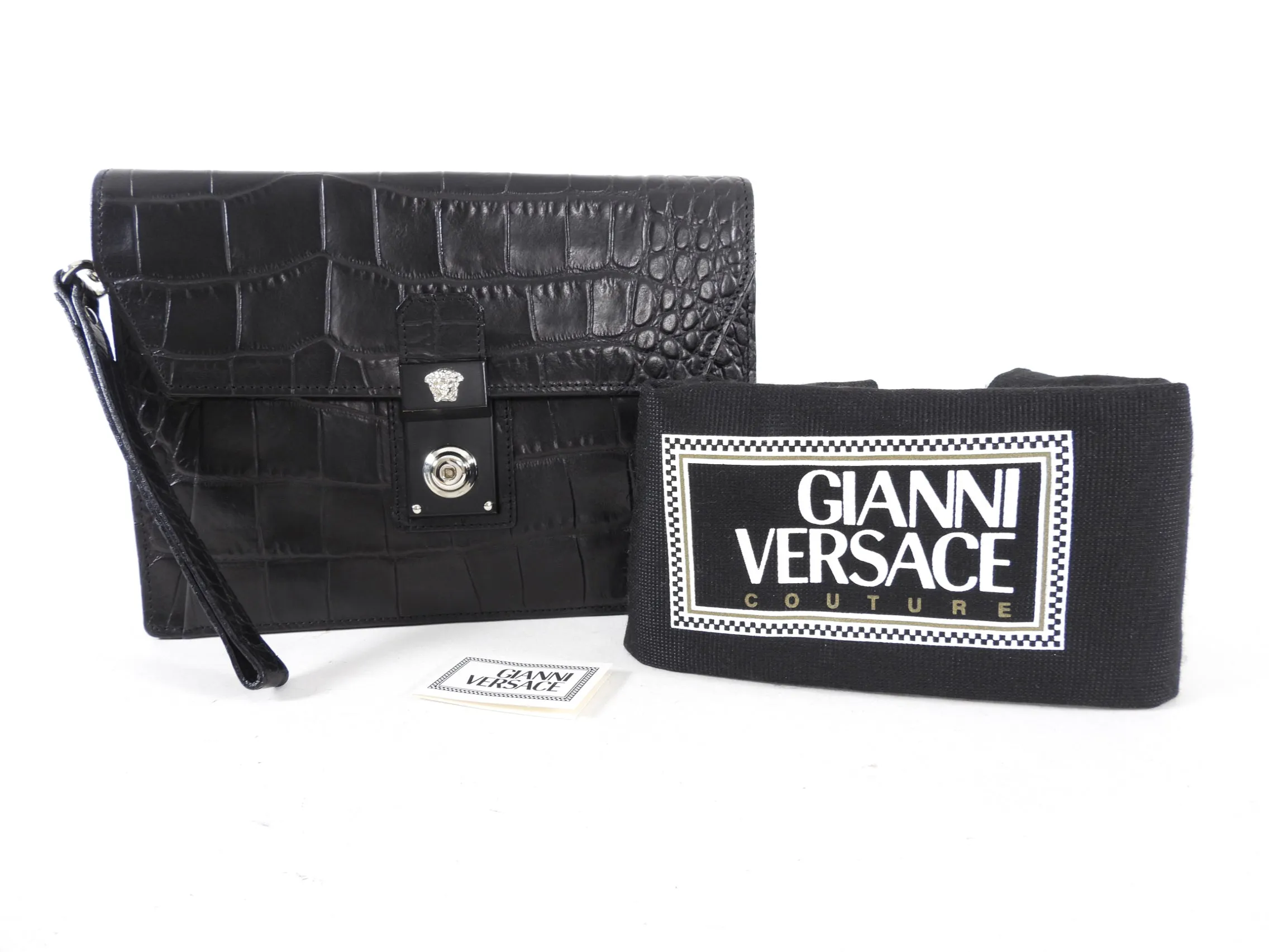 Gianni Versace Vintage 1990’s Croc Embossed Wristlet Clutch Bag