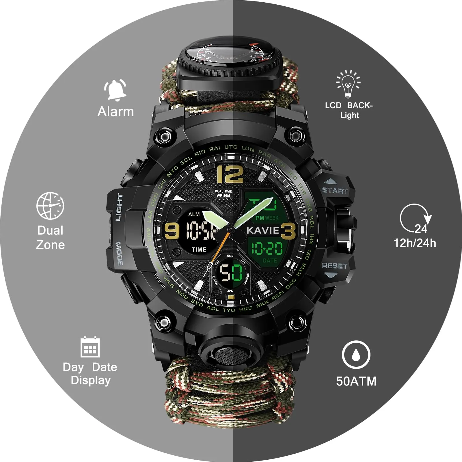 Kavie Men's Military Survival Compass Watch, 23-in-1 Tactical Multi-Functional Outdoors Sports Watches Dual Display Analog LED Electronic Wristwatches with Paracord Band