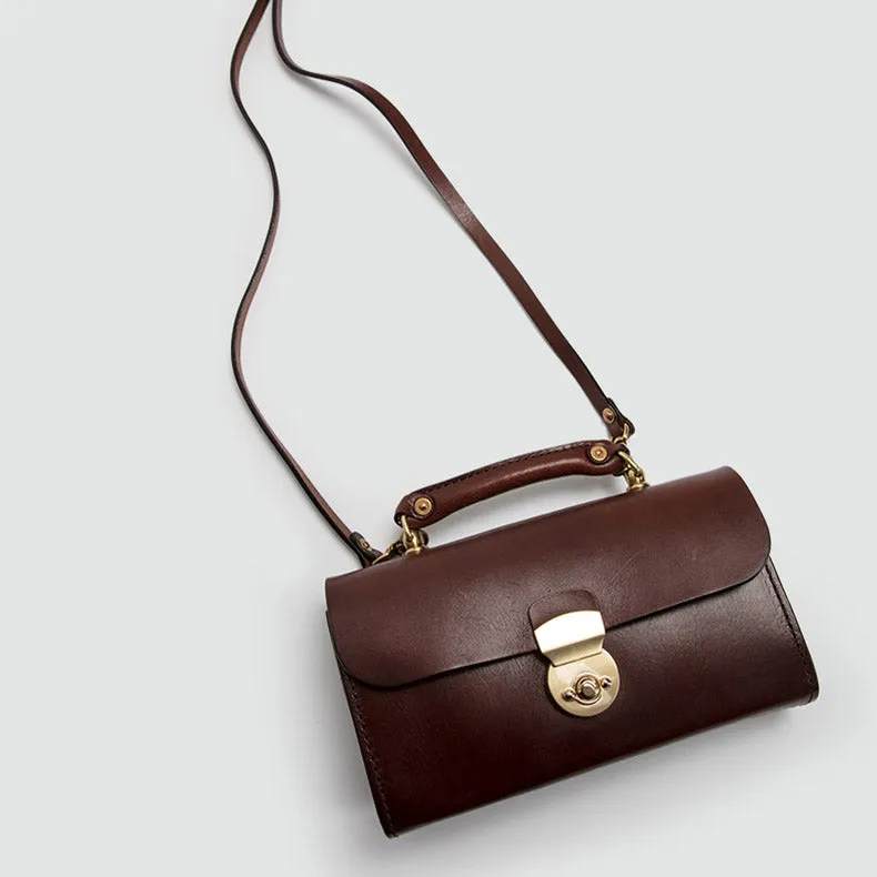Ladies Vintage Brown Leather Satchel Handbags Small Shoulder Bags for Women
