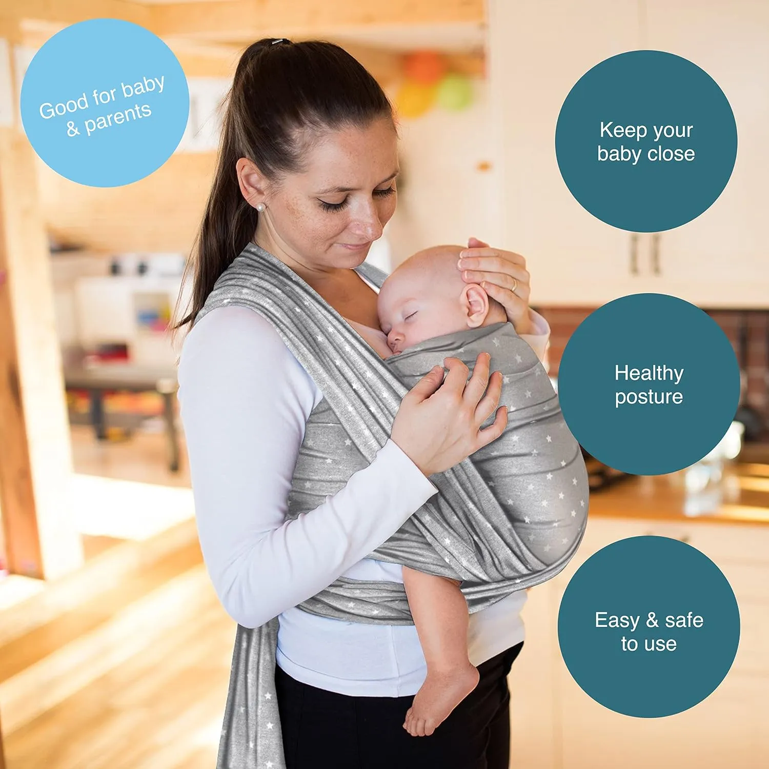 Light Grey Baby Wrap Carrier with Stars Soft Cotton Newborns & Babies Up to 15kg