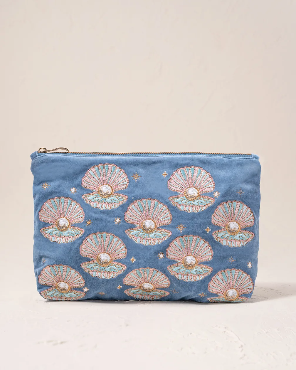 Pearl Shell Velvet Everyday Pouch in Dusky Blue