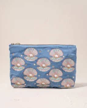 Pearl Shell Velvet Everyday Pouch in Dusky Blue