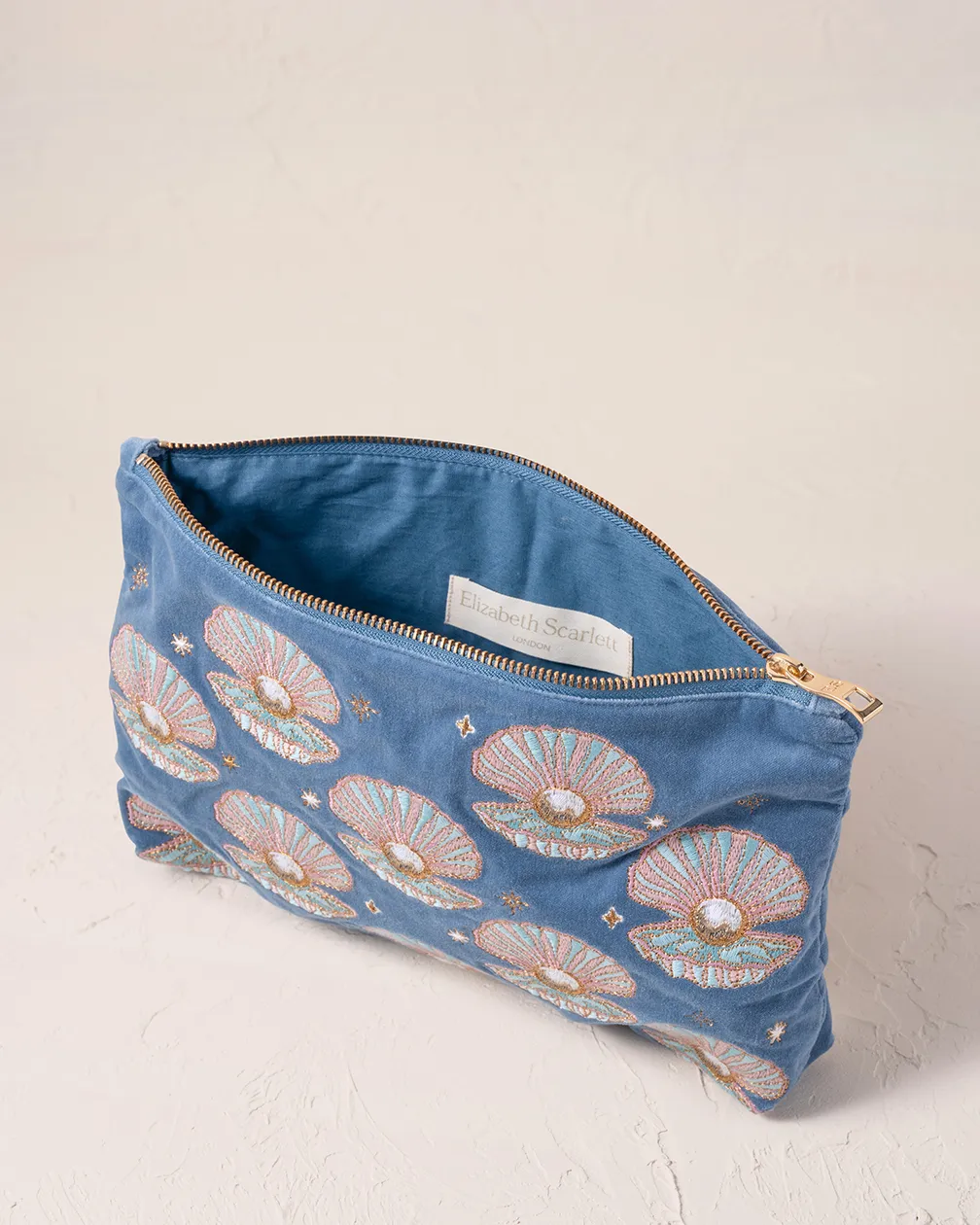 Pearl Shell Velvet Everyday Pouch in Dusky Blue