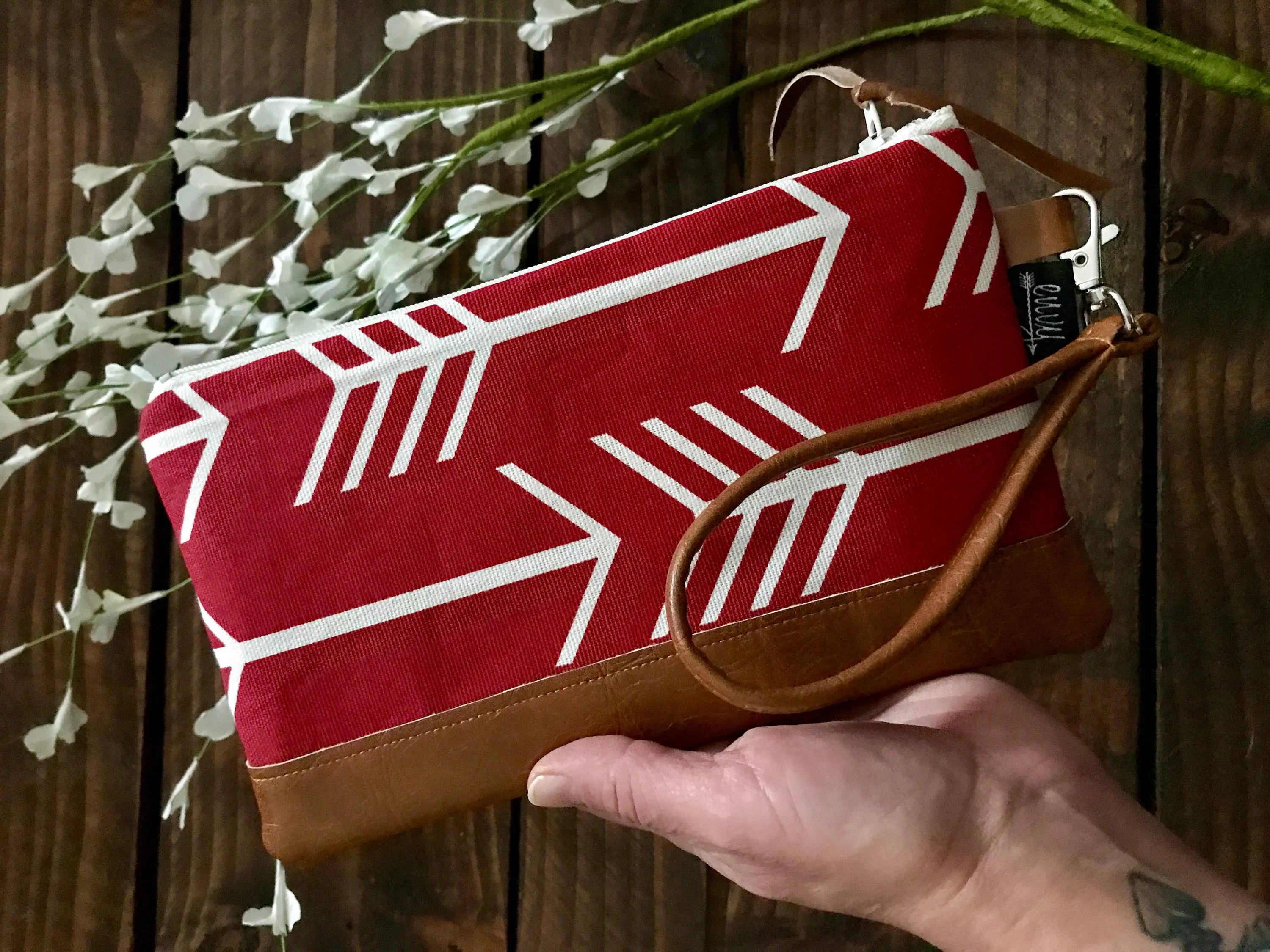Red Arrows with Vegan Leather - Zippered Wristlet Clutch /  Bridesmaid Gift- Accessory Make Up Bag -