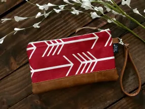 Red Arrows with Vegan Leather - Zippered Wristlet Clutch /  Bridesmaid Gift- Accessory Make Up Bag -