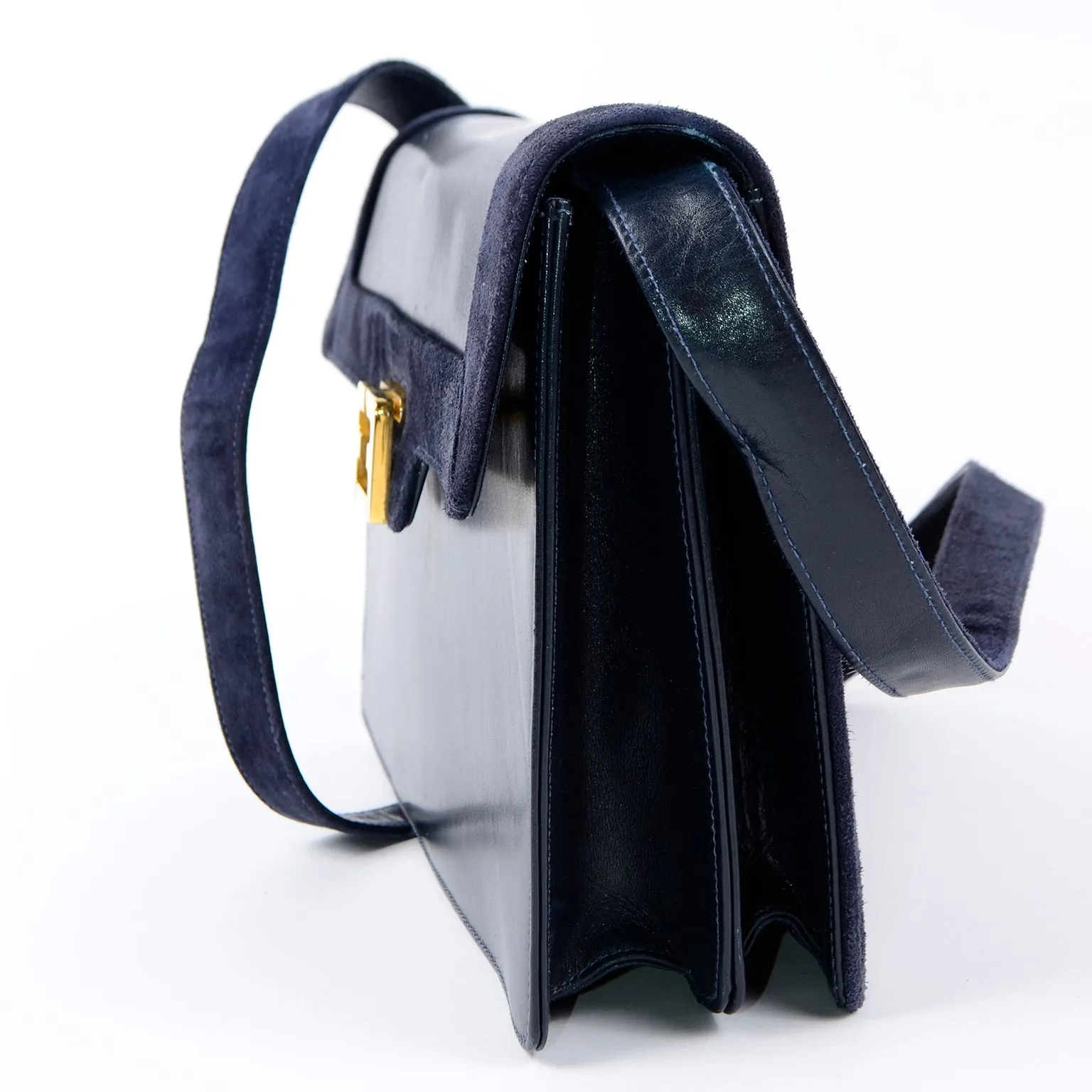 Salvatore Ferragamo Shoulder Bag in Navy Blue Leather & Suede