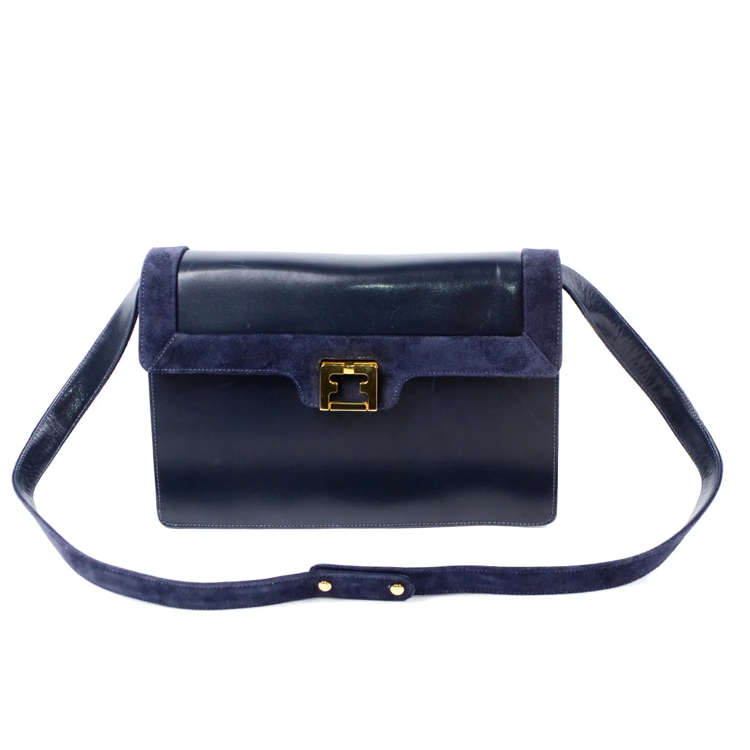 Salvatore Ferragamo Shoulder Bag in Navy Blue Leather & Suede