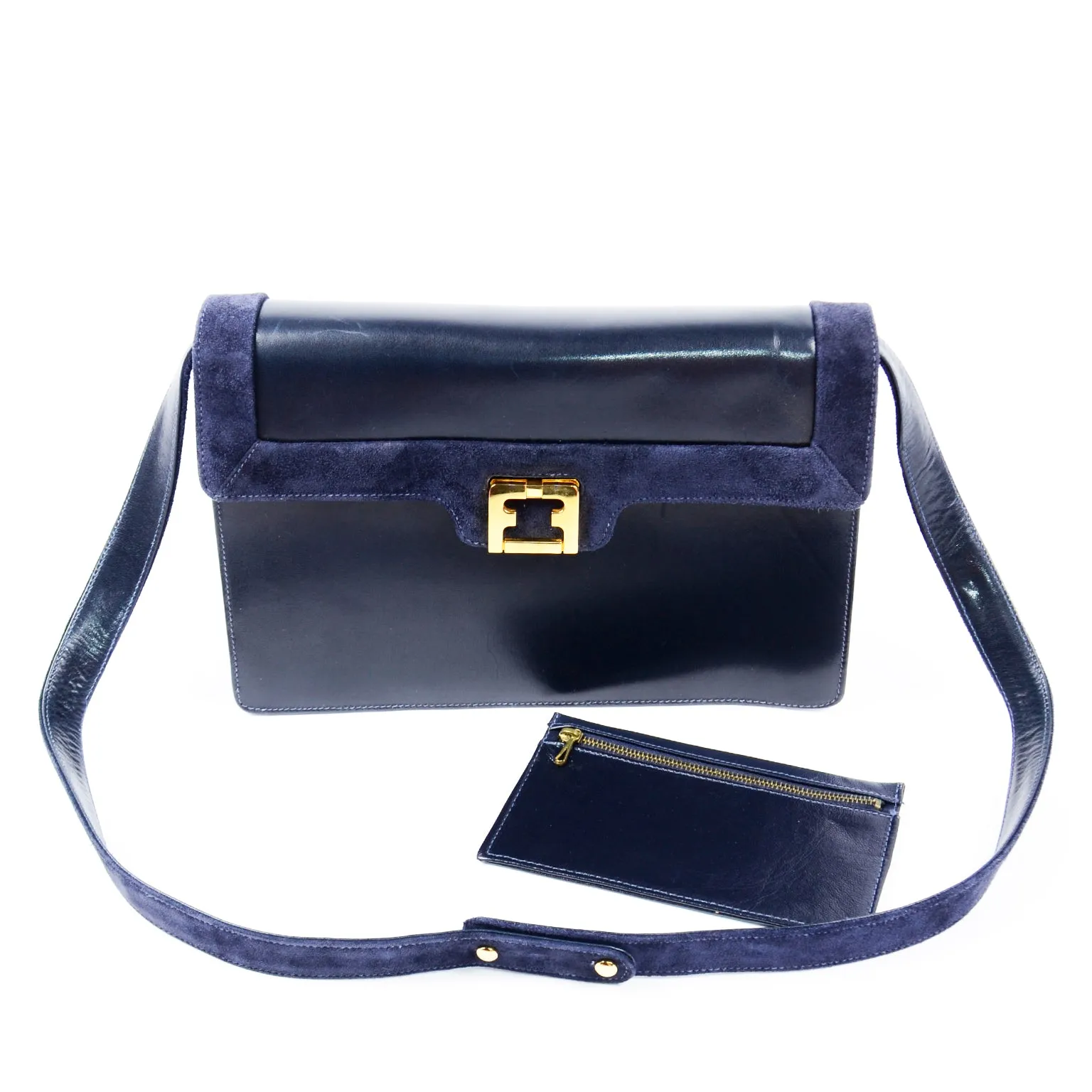 Salvatore Ferragamo Shoulder Bag in Navy Blue Leather & Suede
