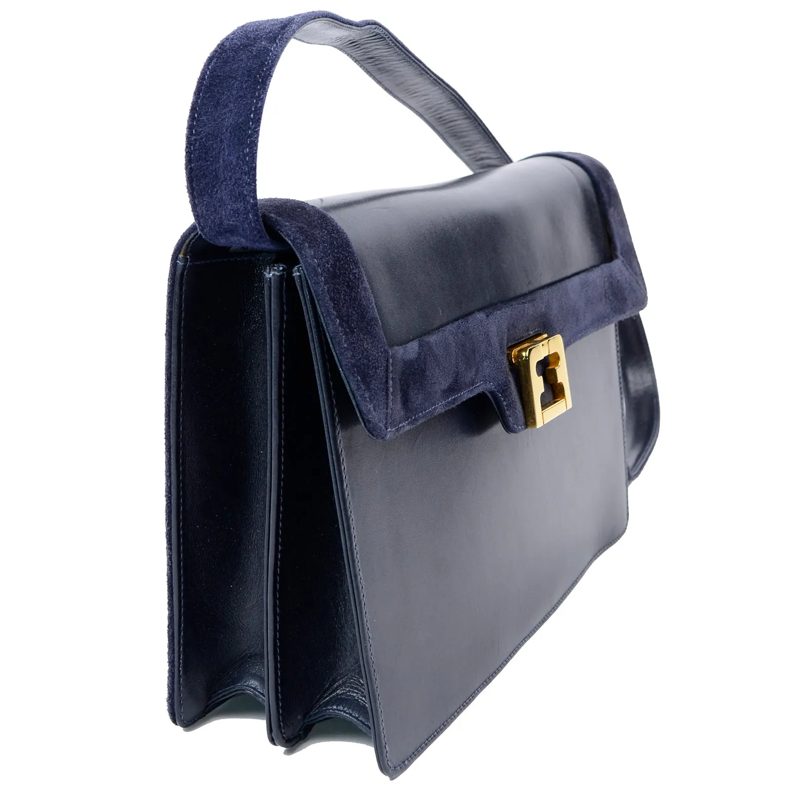 Salvatore Ferragamo Shoulder Bag in Navy Blue Leather & Suede