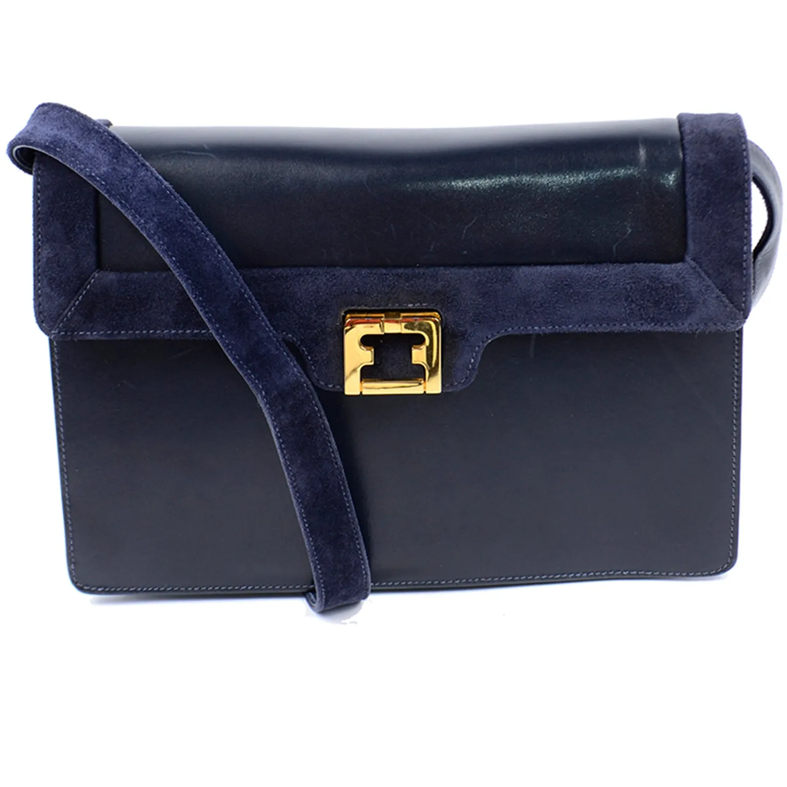 Salvatore Ferragamo Shoulder Bag in Navy Blue Leather & Suede