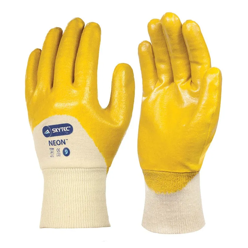 Skytec NEON Yellow Nitrile Work Wear Gloves 3/4 Coated