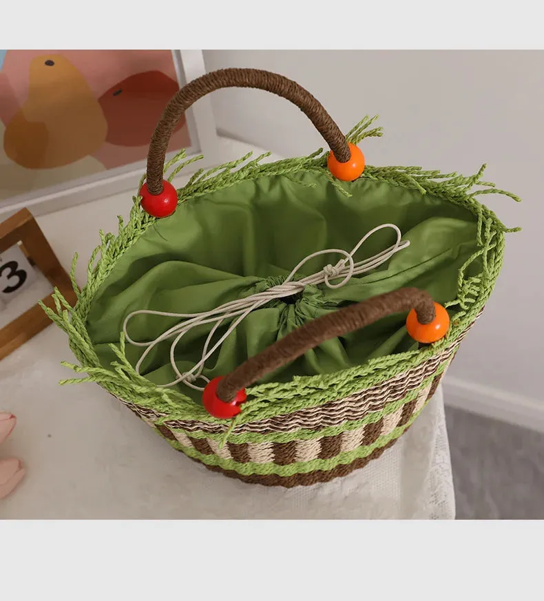 TAVIMART  -  Fashion Striped Tassel Straw Women Hanbbags Designer Paper Woven Basket Bag Handmade Summer Beach Tote Bags Bali Purses