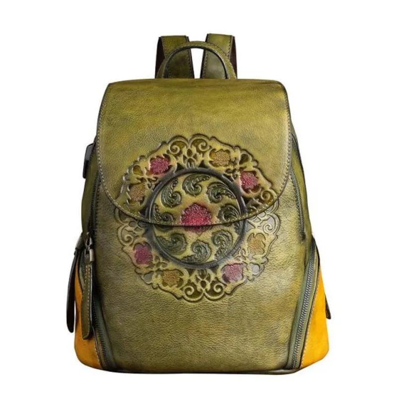 Vintage Embossed Women Leather Backpack