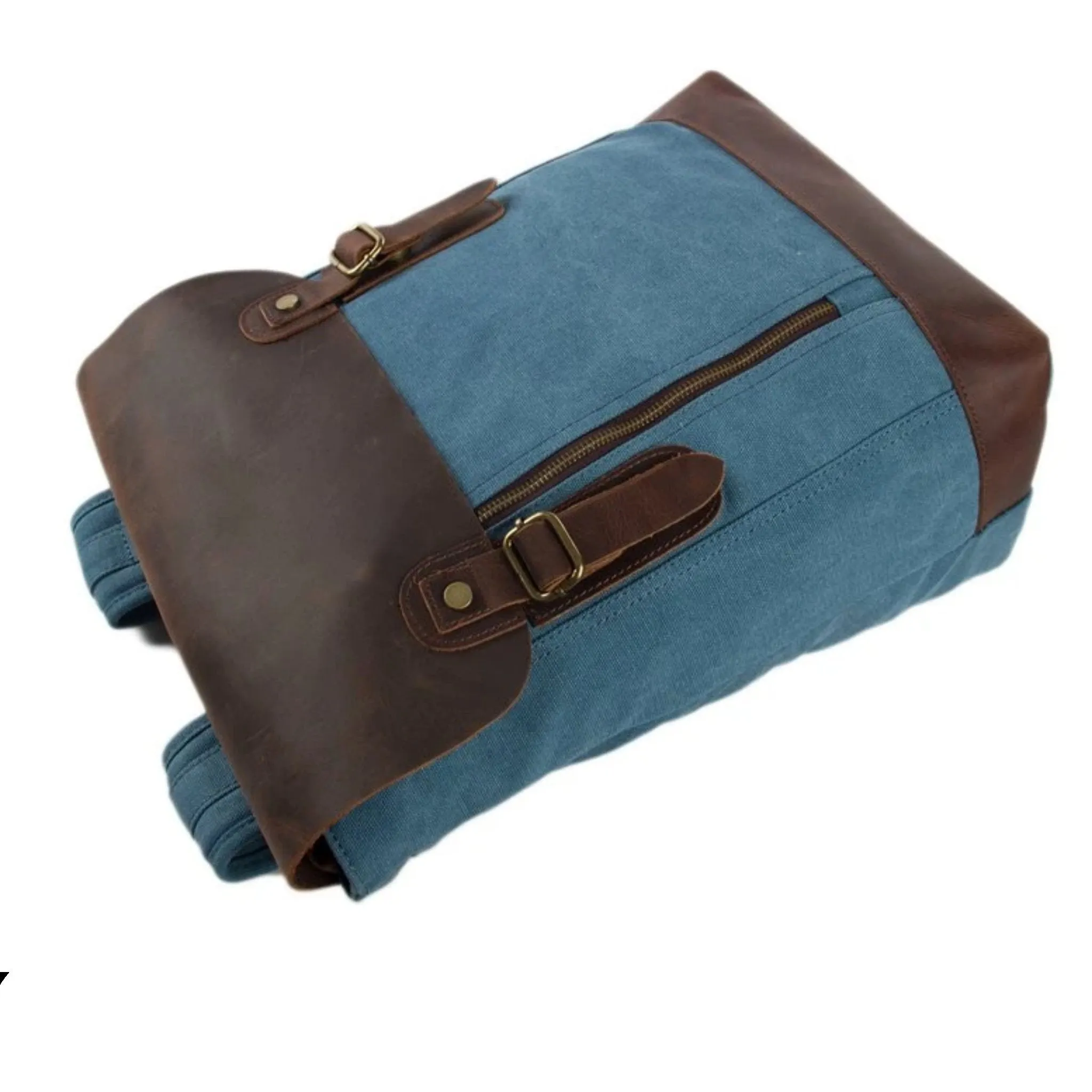 Waxed Canvas and Leather Casual Backpack - Blue