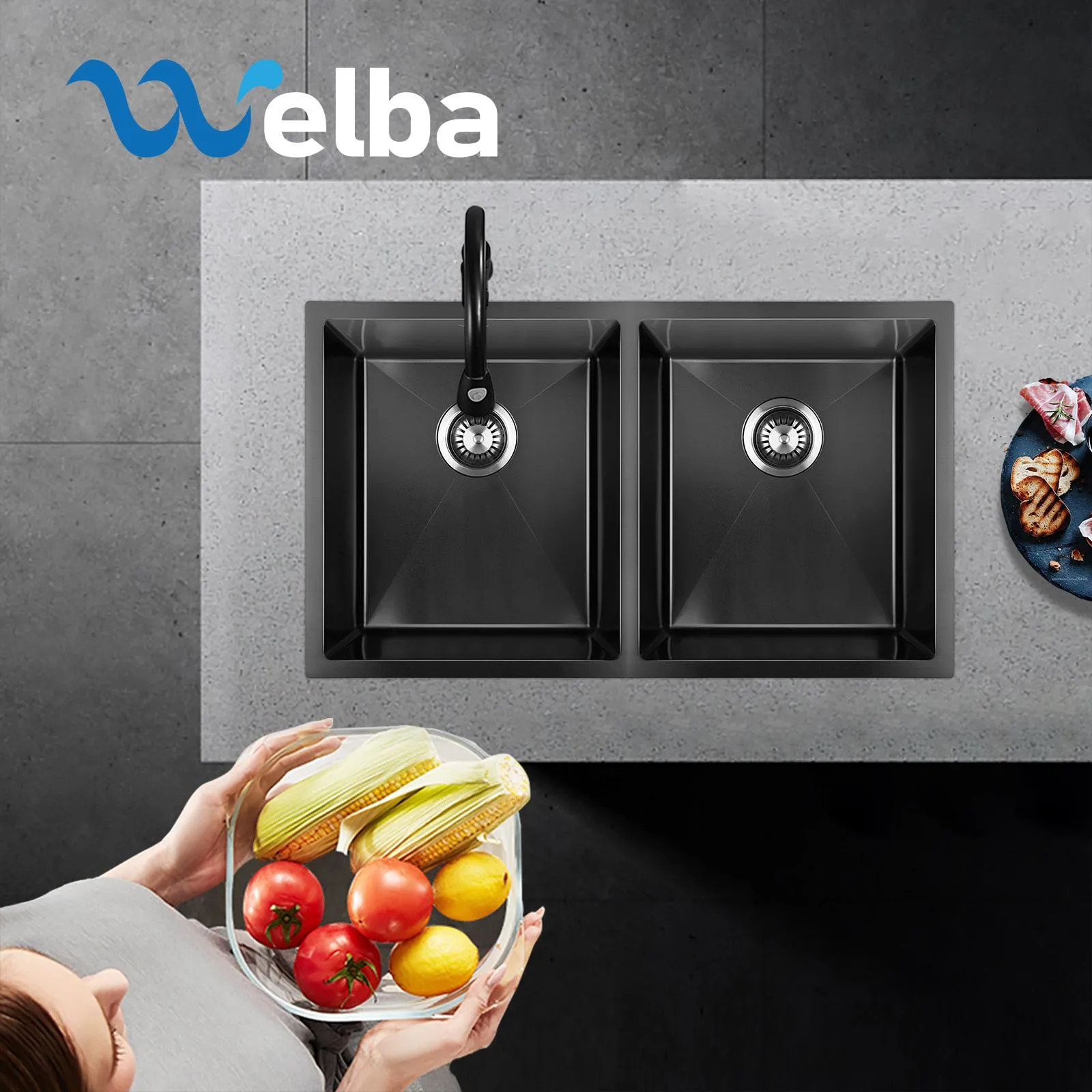 Welba Kitchen Sink Stainless Steel Basin Double Under/Top/Flush Mount Black